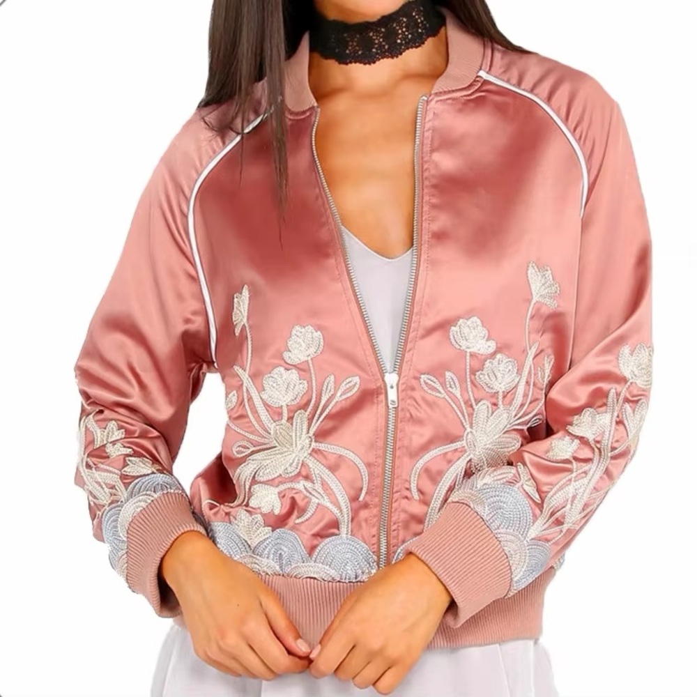 Dance & Marvel Floral Embroidered Bomber Jacket - Rose